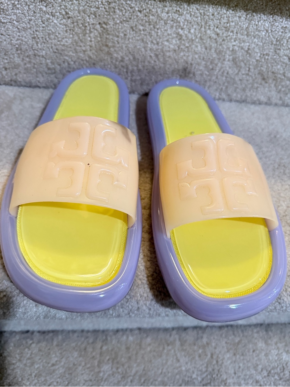 Tory Burch Pastel Peach Slide Sandals with Yellow Footbed and Lavender Trim